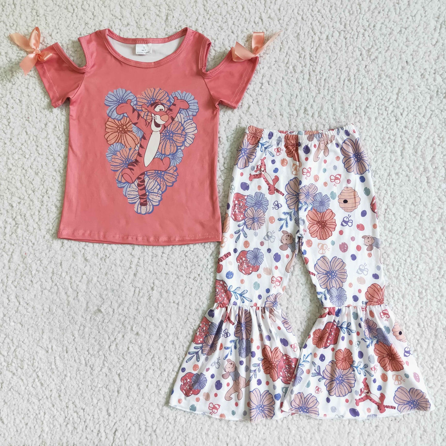 GSPO0145 RTS Red cartoon tiger blue flower short sleeve bow bell bottom pants girl outfit