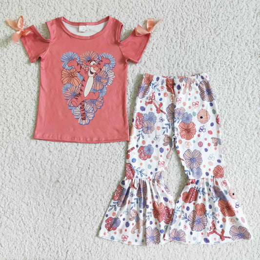 GSPO0145 RTS Red cartoon tiger blue flower short sleeve bow bell bottom pants girl outfit