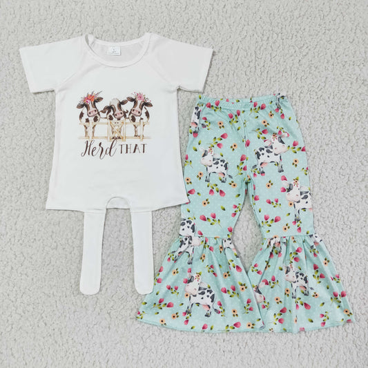 cowgirl white short sleeve floral cow green bell bottom girl outfits 0611