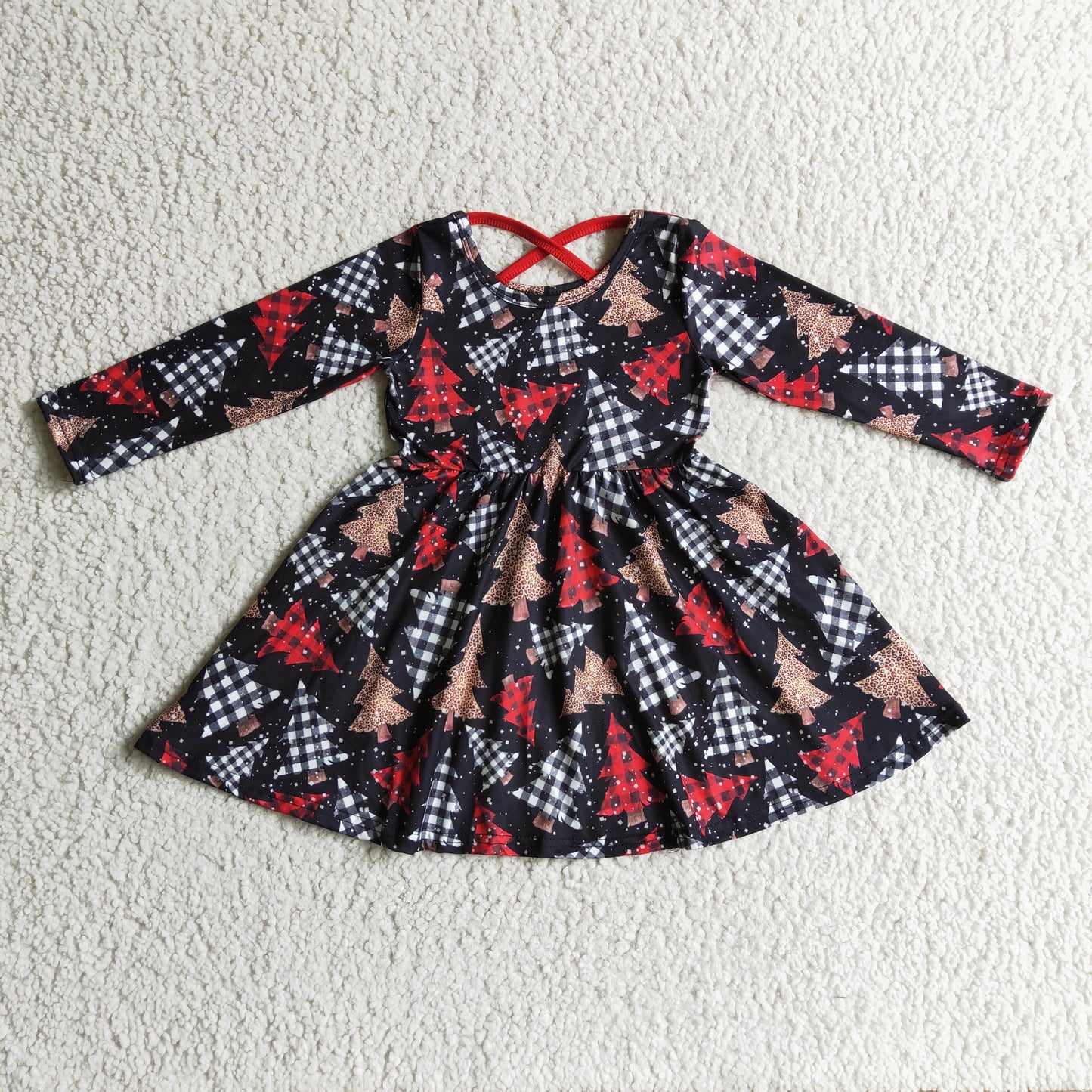 christmas tree crisscross cartoon red black tunic long sleeve dress RTS 20230706