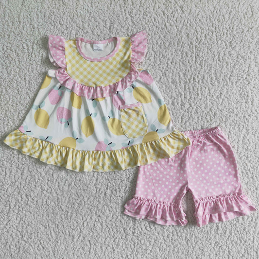 promotion Lemon strawberry puffy yellow ruffles girl short sleeve pink shorts outfits rts