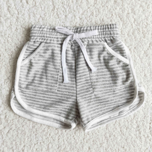 gray white stripe pocket girls towel fabric sports shorts 0124