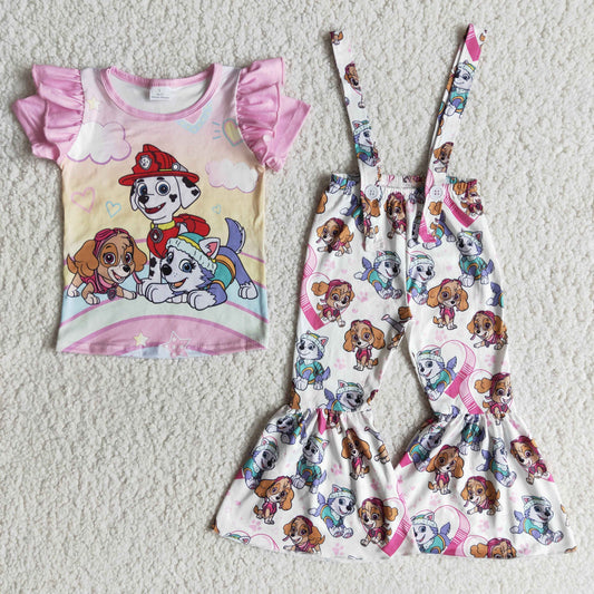 girl ruffles pink cartoon dogs rainbow star love short sleeve overall outfits 0108