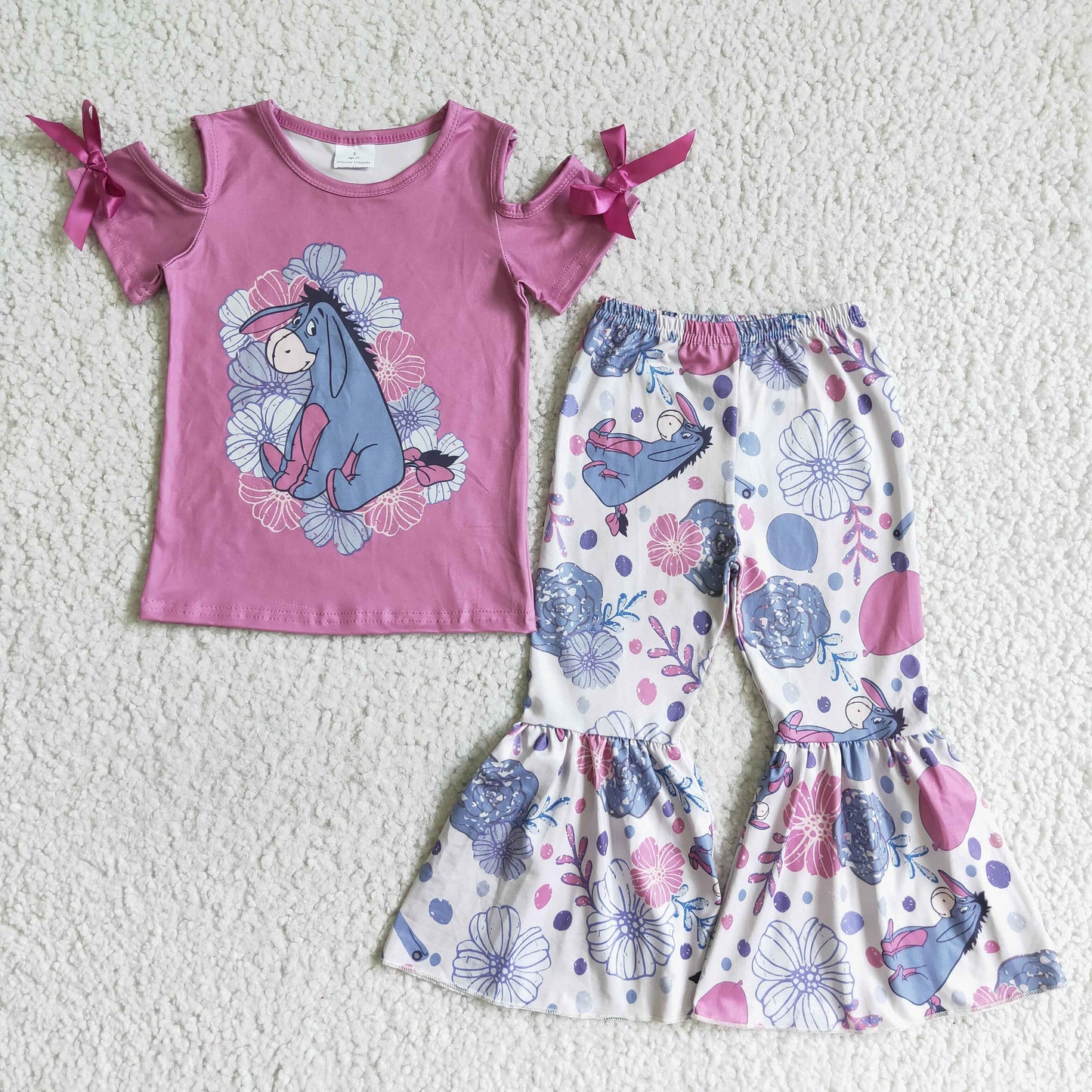 cartoon horse purple bow short sleeve girl outfit