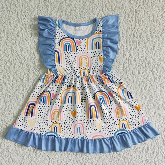 promotion rainbow blue white ruffles dot  girl heart short sleeve girls dress 0430