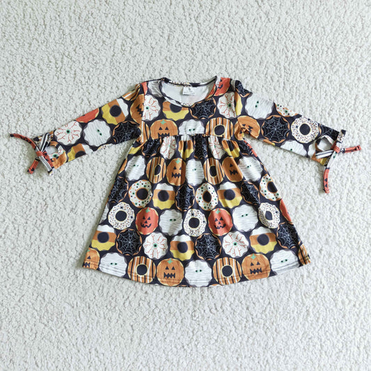 0729 RTS orange long sleeve cartoon donut girl dress halloween pumpkin