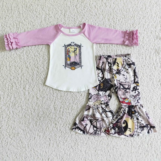 6 A27-3 Halloween purple ruffle long sleeve bell bottom pants girl outfit 0728 RTS