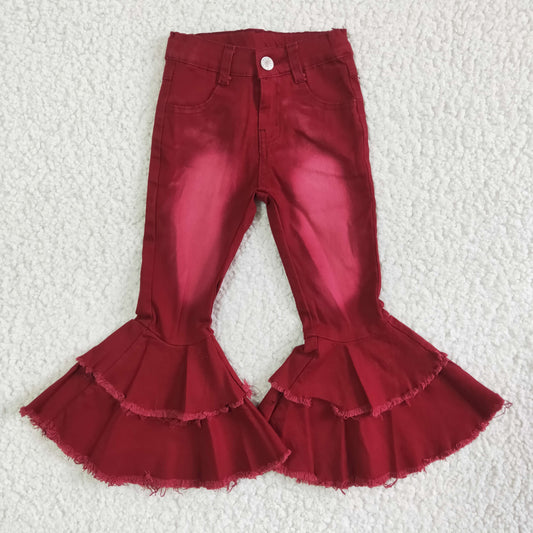 P0004 RTS purplish red bleached double ruffles button jeans denim pants 0528