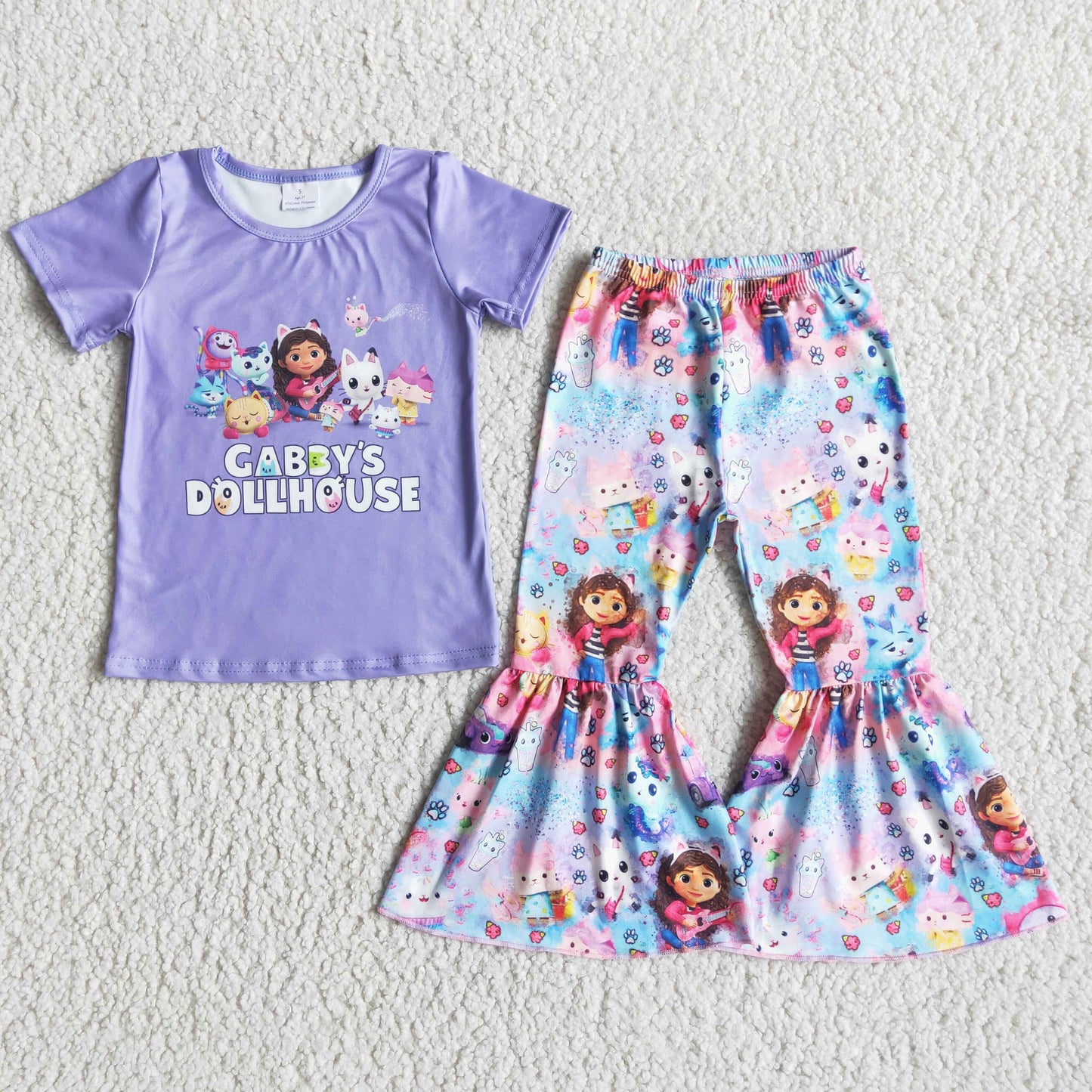 promotion E5-13 cartoon purple dolls short sleeve bell bottom pant girl outfit RTS