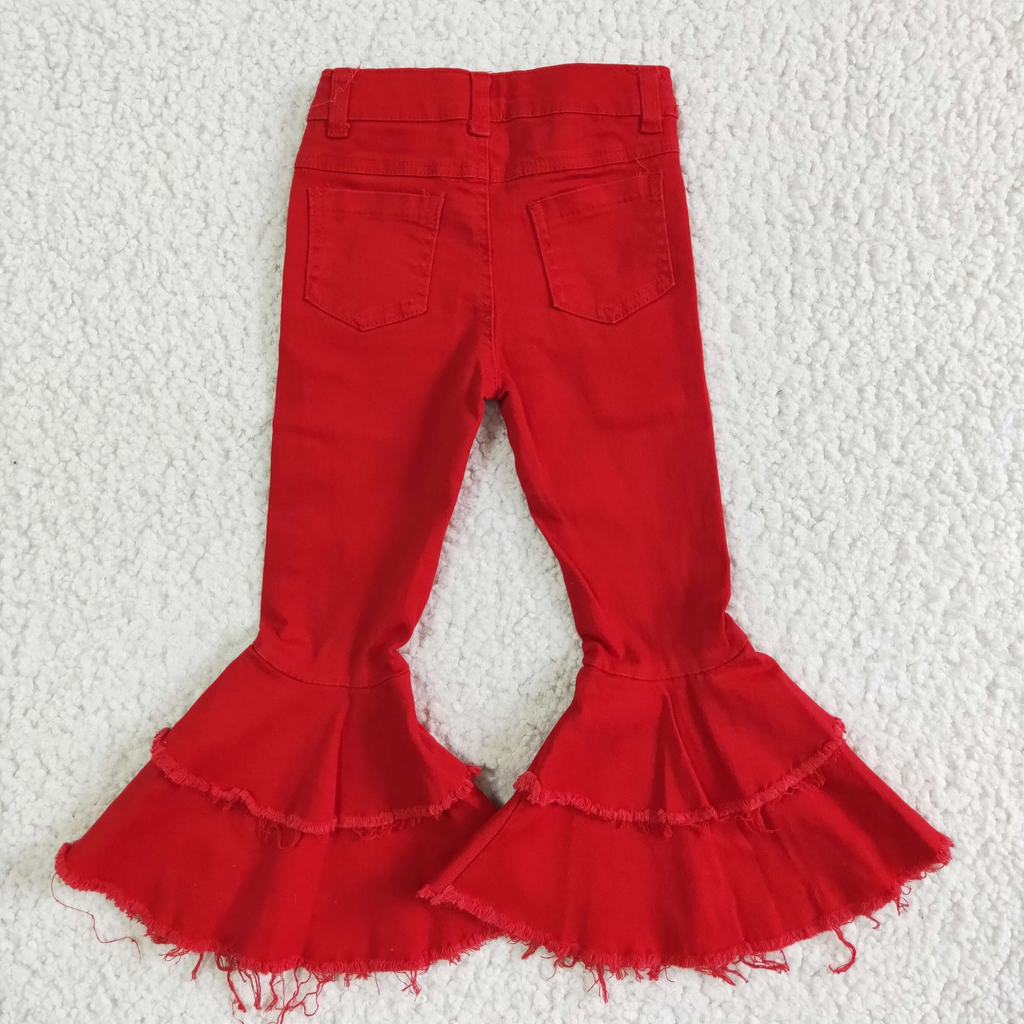 P0006 RTS red bleached double ruffles button jeans denim pants 20230527