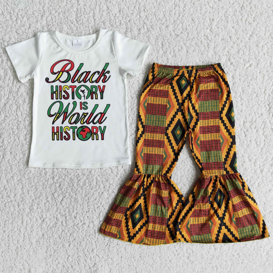 juneteenth Black History is world history letters girl rhombus yellow orange short sleeve bell bottom outfit
