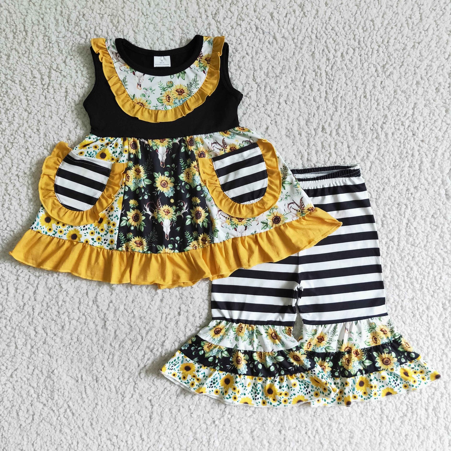 A6-15 girl tunic sunflower stripe pocket lace black short sleeve pants girl outfit 0727 RTS