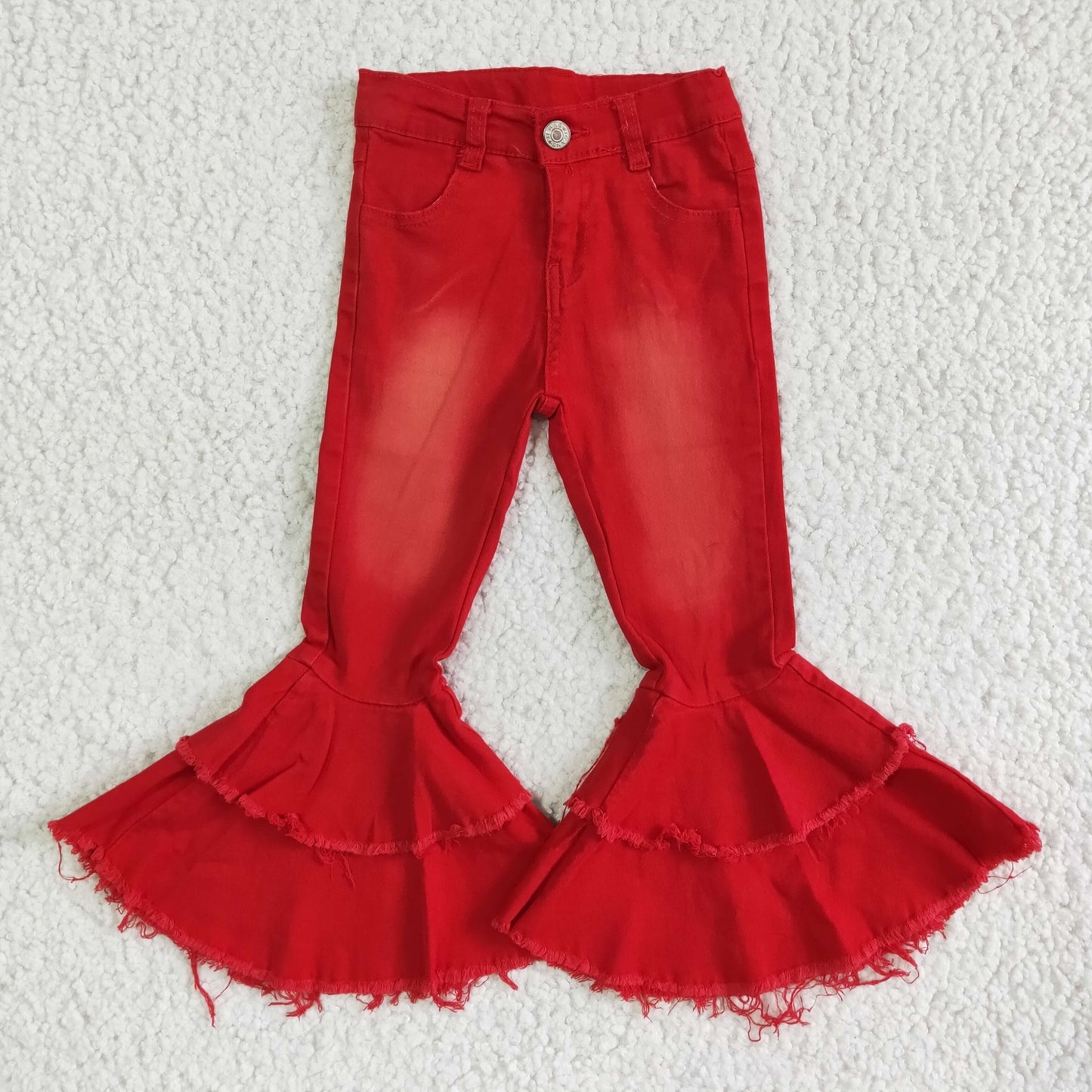 P0006 RTS red bleached double ruffles button jeans denim pants 20230527