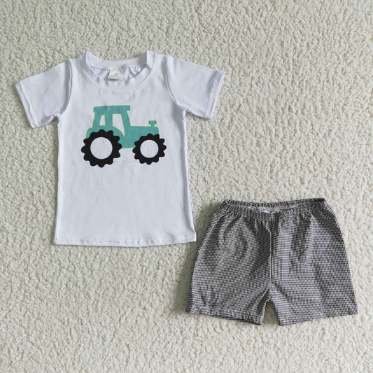 RTS tractor white gray plaid boy short sleeve shorts outfits 0514