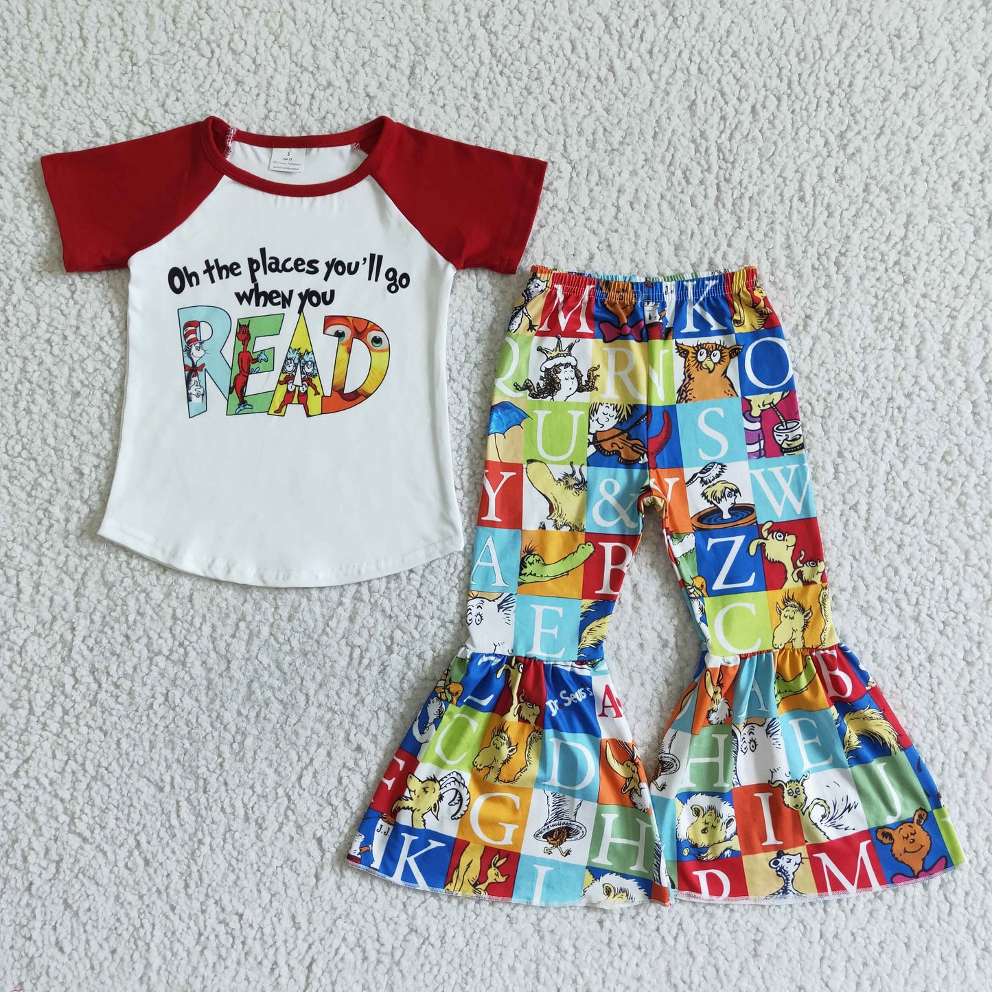 RTS cartoon cat reading letters red raglan plaid short sleeve bell bottom girl outfit 0505