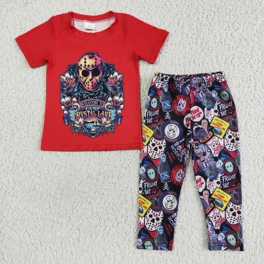 0630 RTS red short sleeve halloween skull camp pants boy outfit