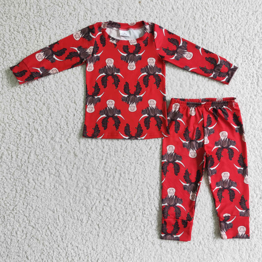 RTS red cow long sleeve boy pajamas outfit 1015