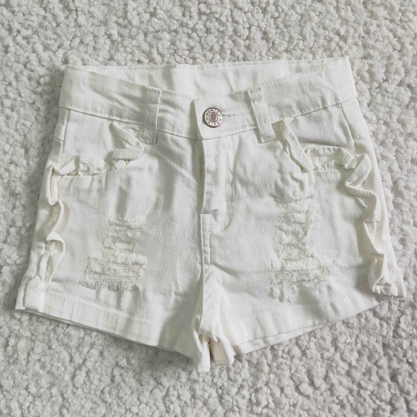 SS0012 RTS ruffle pockets girl button whtie color ripped denim shorts 0528