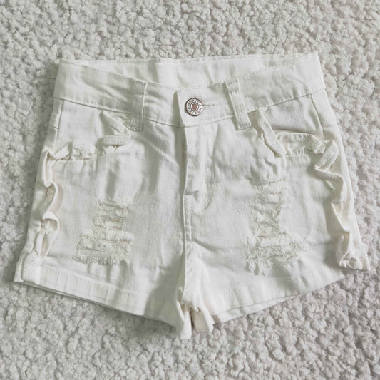 SS0012 RTS ruffle pockets girl button whtie color ripped denim shorts 0528