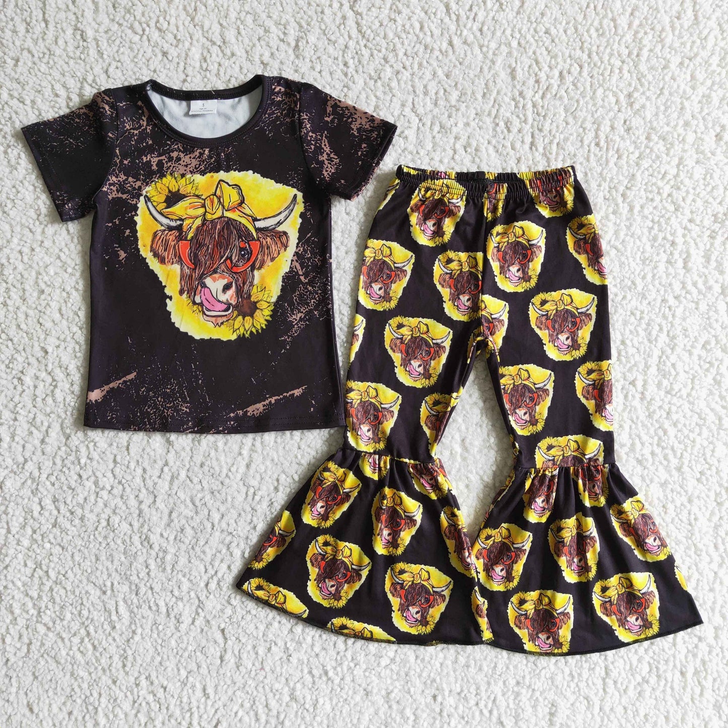 GSPO0010 2pcs yellow cow black top short sleeve bell bottom girl outfits 0329