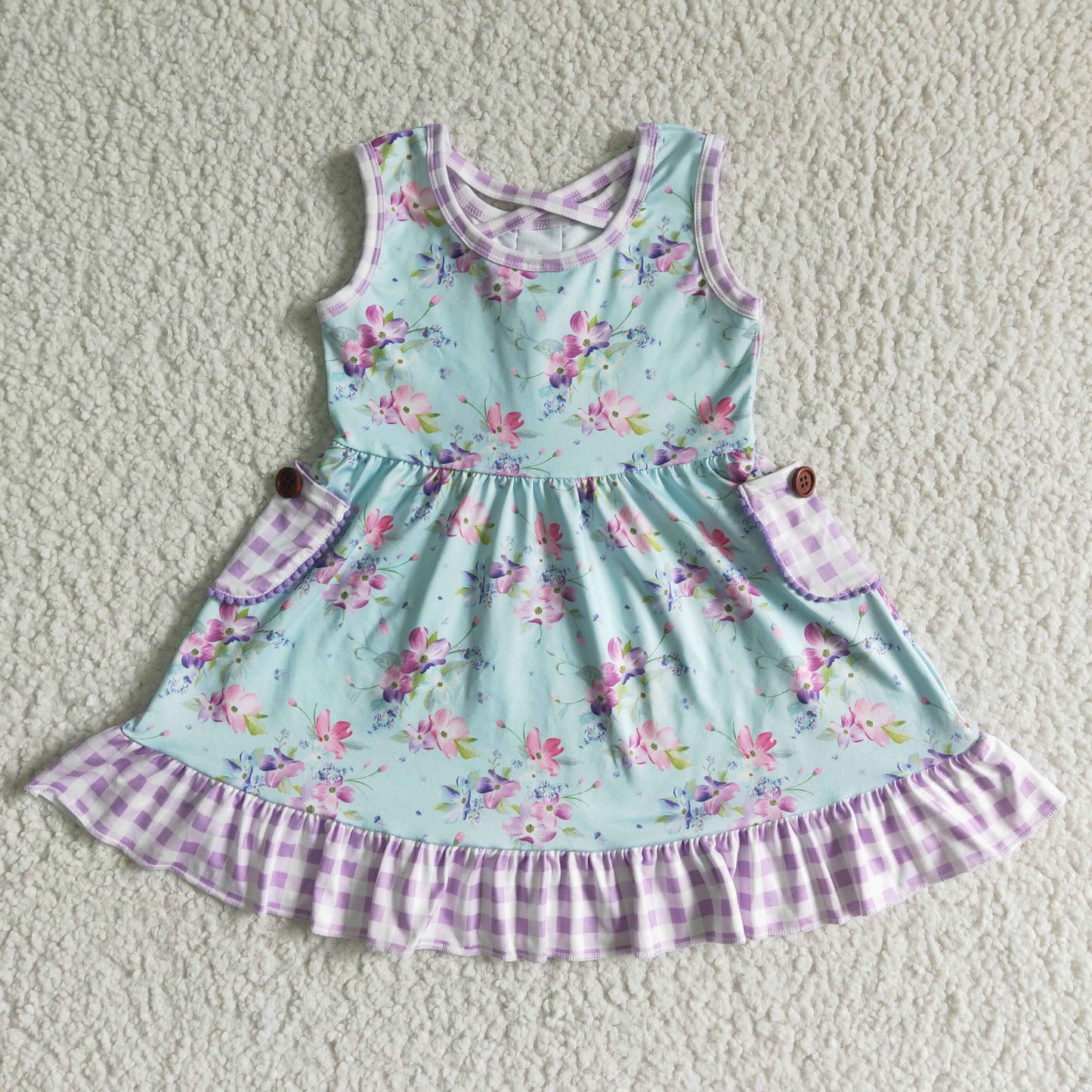 promotion Green dress pink flowers buttons purple plaid pockets ruffle sleeveless dress 0614 RTS