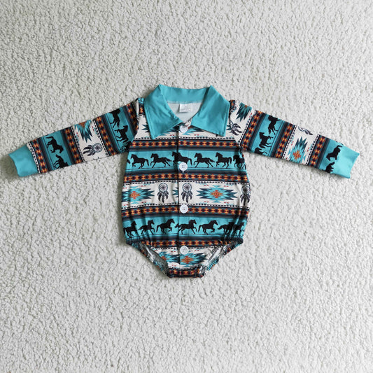 RTS 1011 horse long sleeve button collar boy girl romper