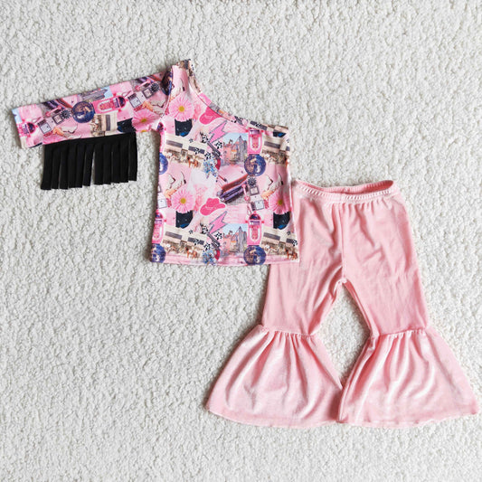 pattern pink hat velvet pants tassel short sleeves leopard bell bottom pants outfit
