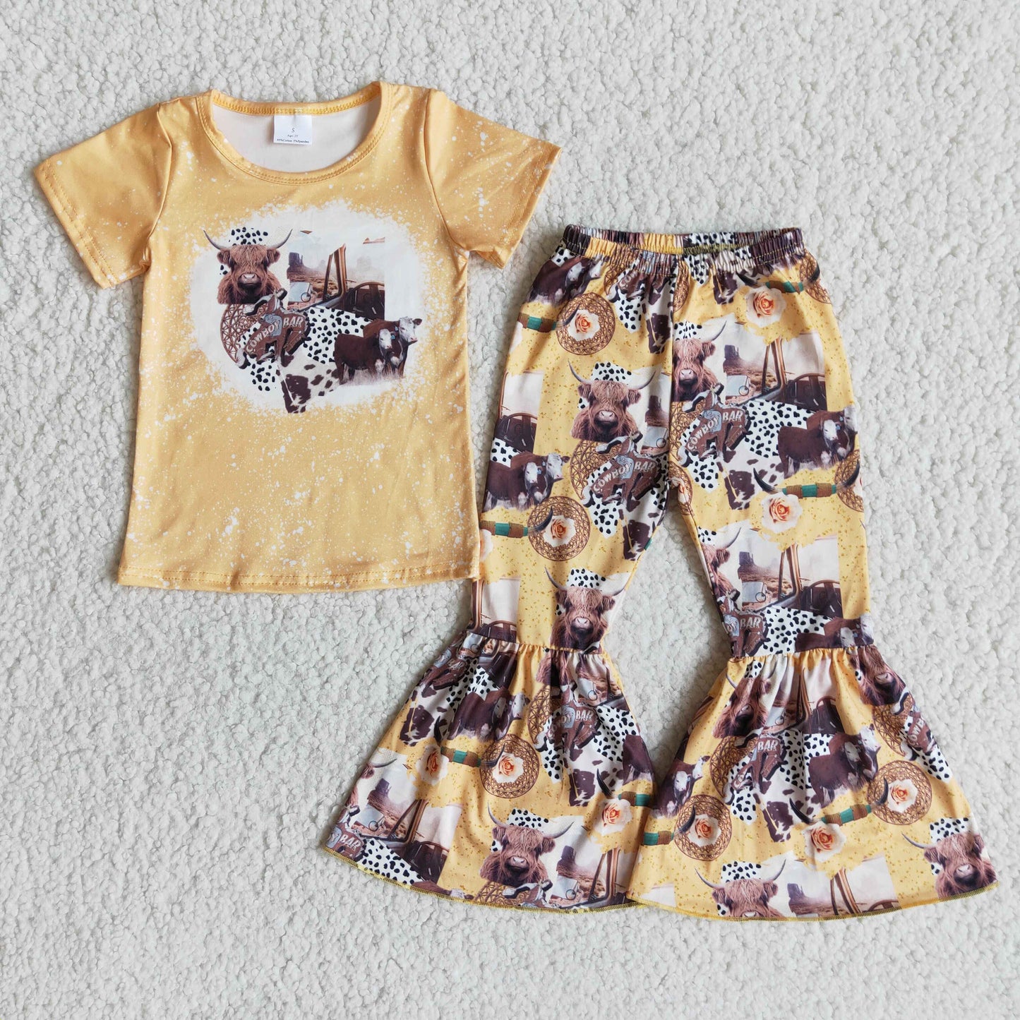 cowboy letters yellow bleaching flower short sleeve bell bottom pant outfit Jan 0113