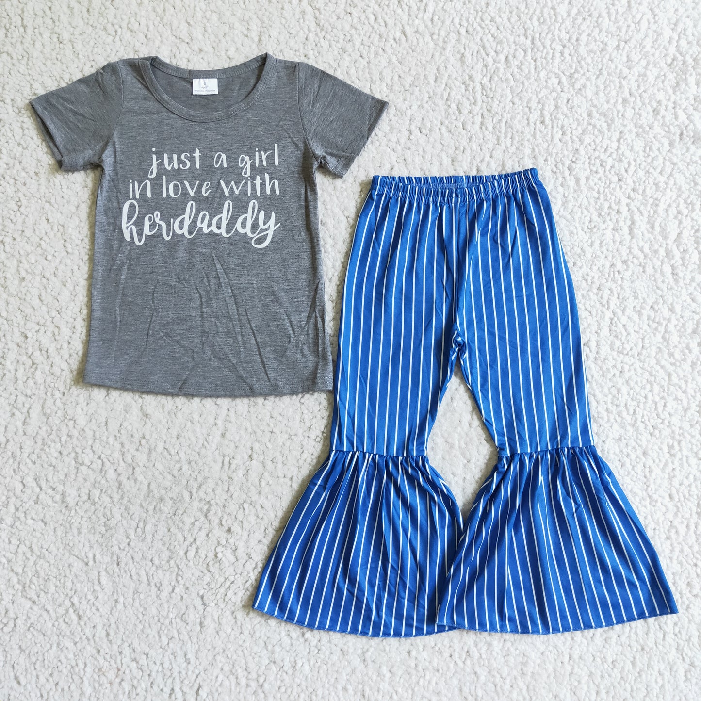 Girl daddy letter gray blue stripe short sleeve bell bottom pant GIRL outfit 0809 RTS