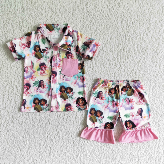 promotion RTS GSSO0024  Pink cartoon pattern collar short sleeves shorts girls pajamas outfits 20230524 RTS