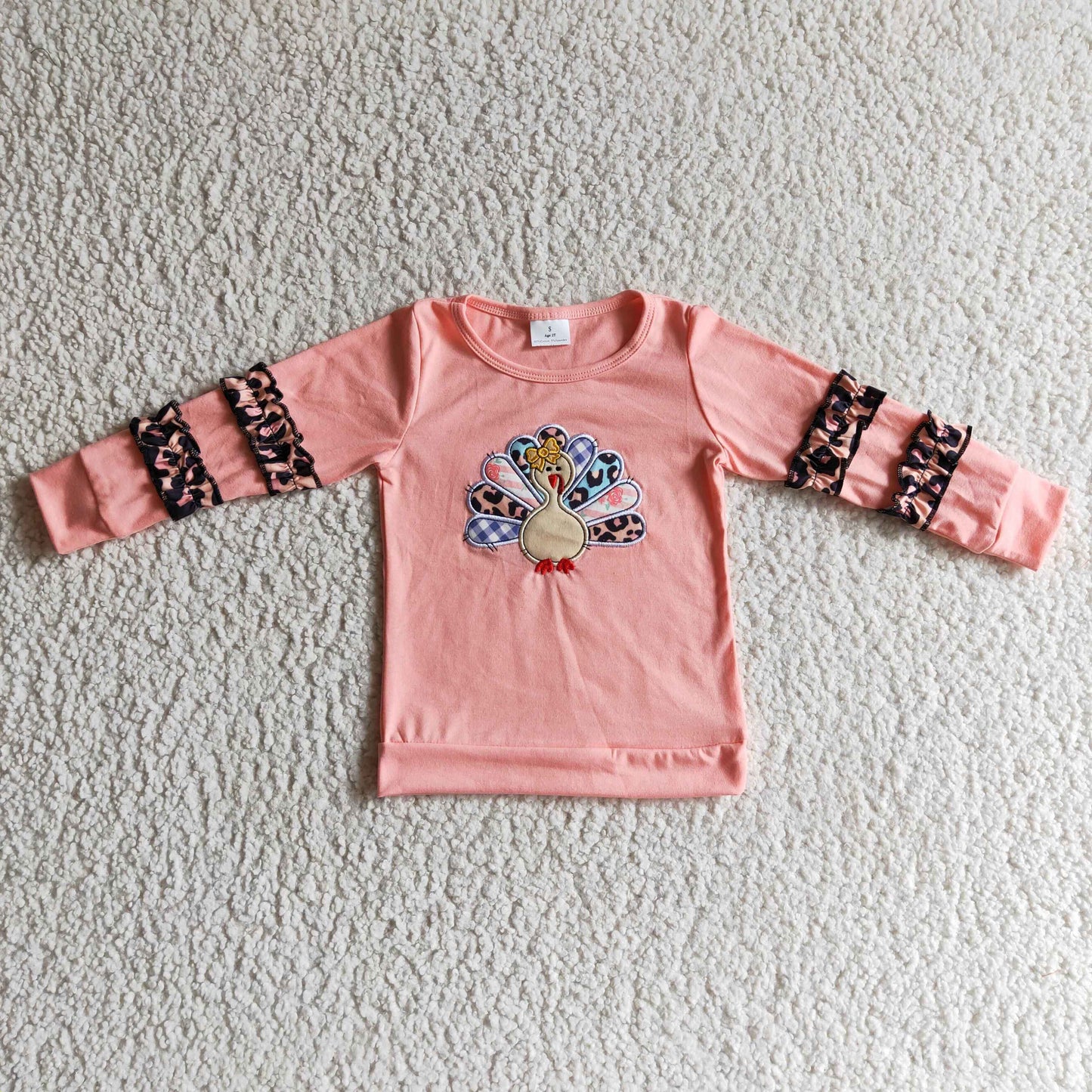pink turkey ruffle embroidery long sleeve top girl pullover 0921