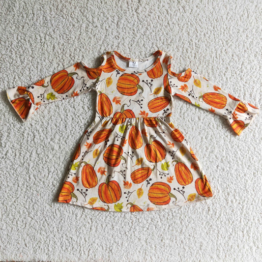 RTS 0912 halloween orange pumpkin leaf long sleeve bow fall girl dress