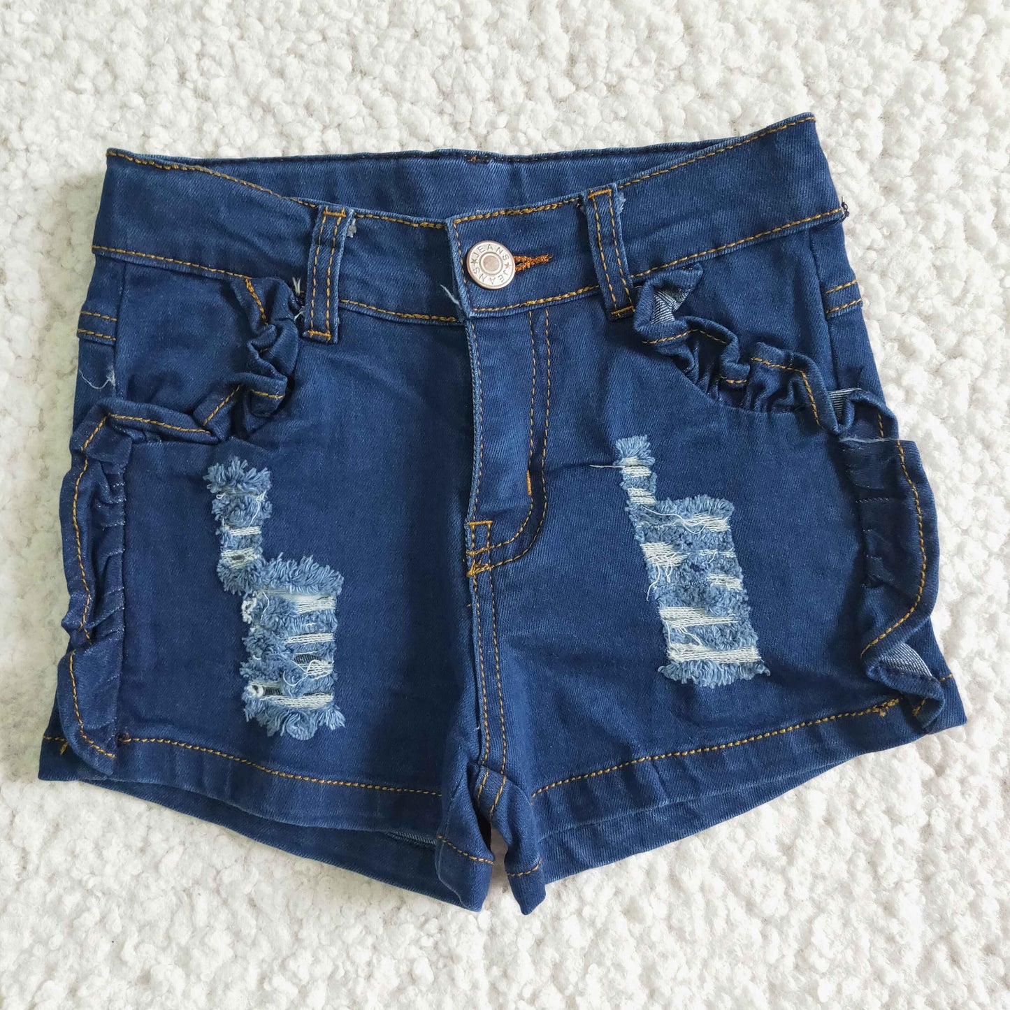 SS0014 RTS ruffle pockets girl button blue ripped denim shorts 0524
