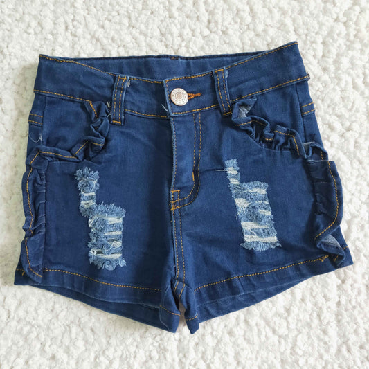 SS0014 RTS ruffle pockets girl button blue ripped denim shorts 0524