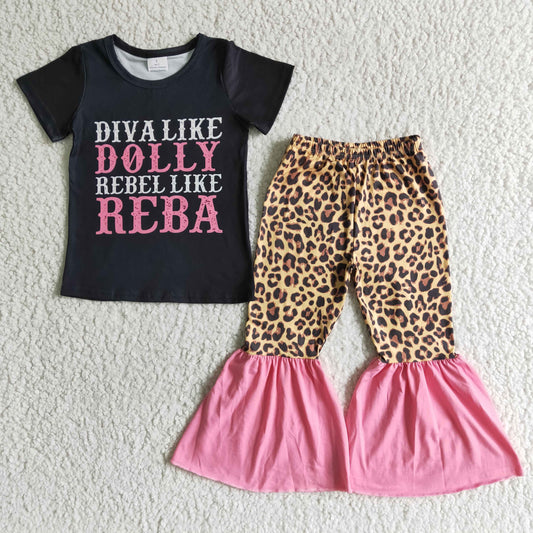 cartoon girl black top leopard bell bottom pants outfit 0322