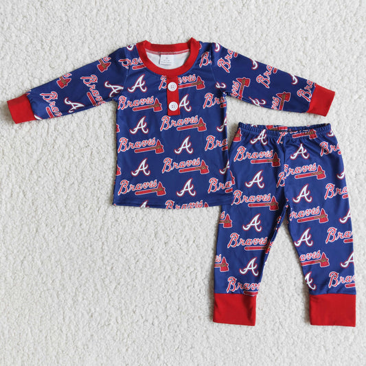 RTS  6 A29-19 red A braves letters purple team button ruffles boy long sleeve pajamas Team outfit  RTS