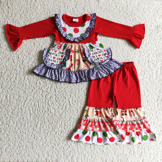 Christmas red pocket lace long sleeve bell bottom pants outfit 0929 RTS