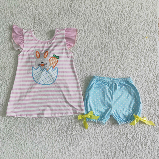 easter rabbit egg flutter pink stripe blue short sleeve shorts girl outfits 0308