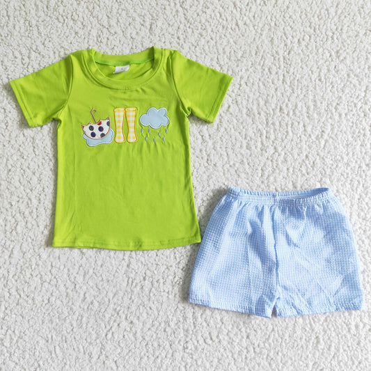 BSSO0082 RTS back to school weather rainy embroidery umbrella boots green short sleeves blue shorts boy clothes 0622