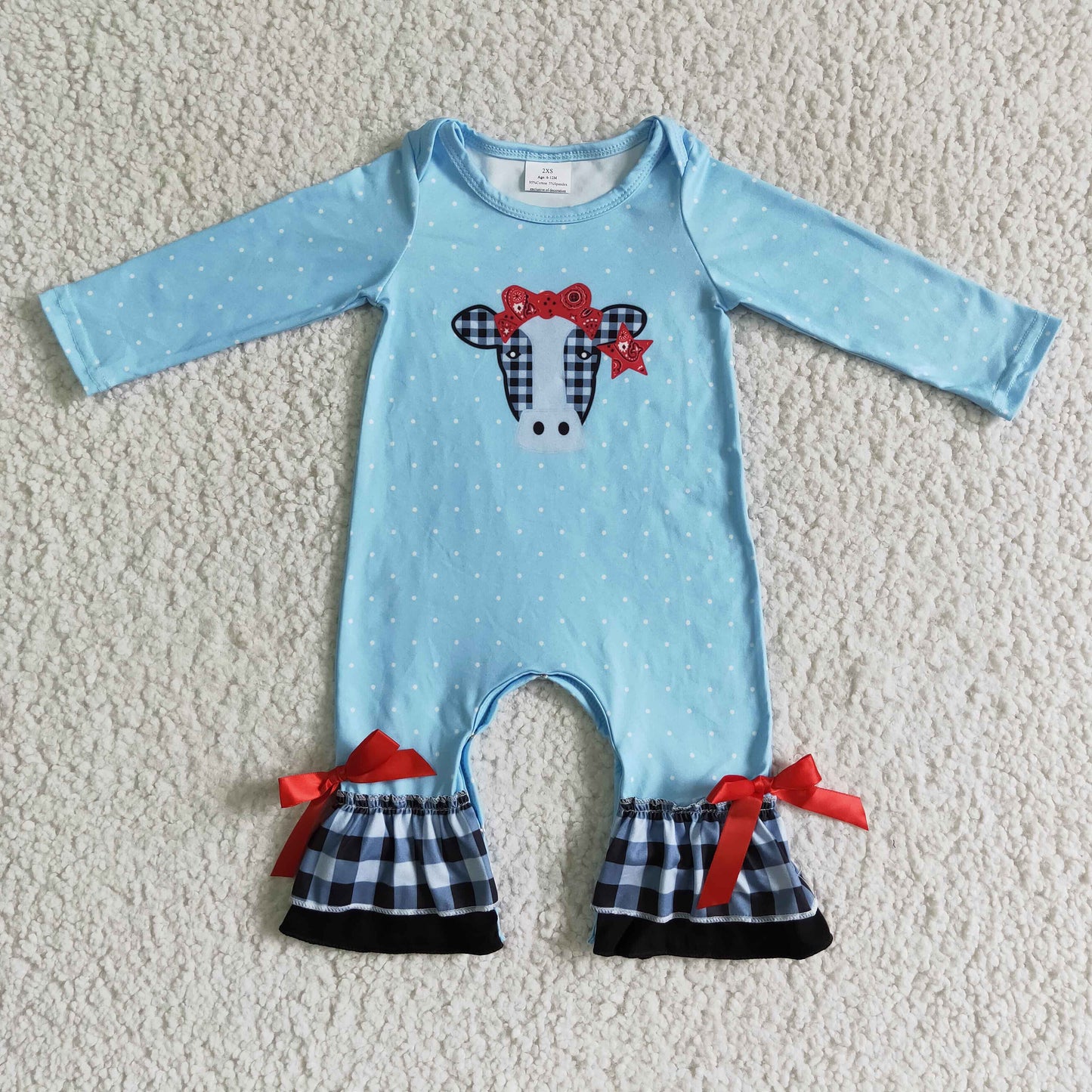 promotion  6 A27-2-1 cow blue dot plaid bow print girl long sleeve romper 20230725 rts