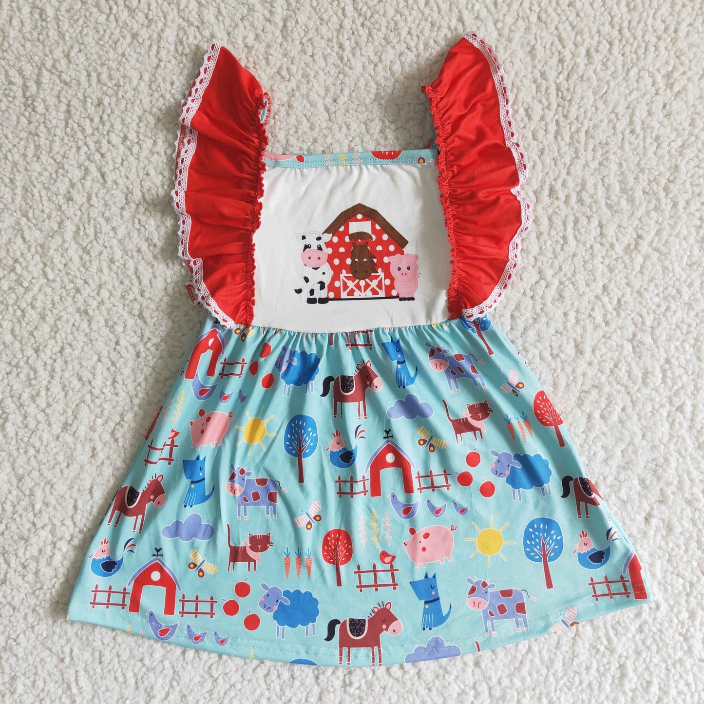 promotion A15-4. red house pig cow farm red blue girls short sleeve dress