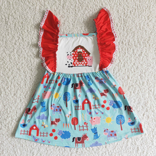 promotion A15-4. red house pig cow farm red blue girls short sleeve dress