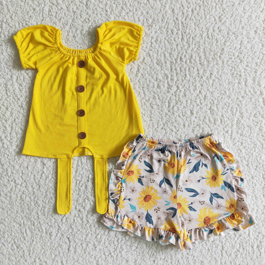 promotion GSSO0035 yellow crisscross floral ruffles short sleeve shorts girl outfits 202405 rts