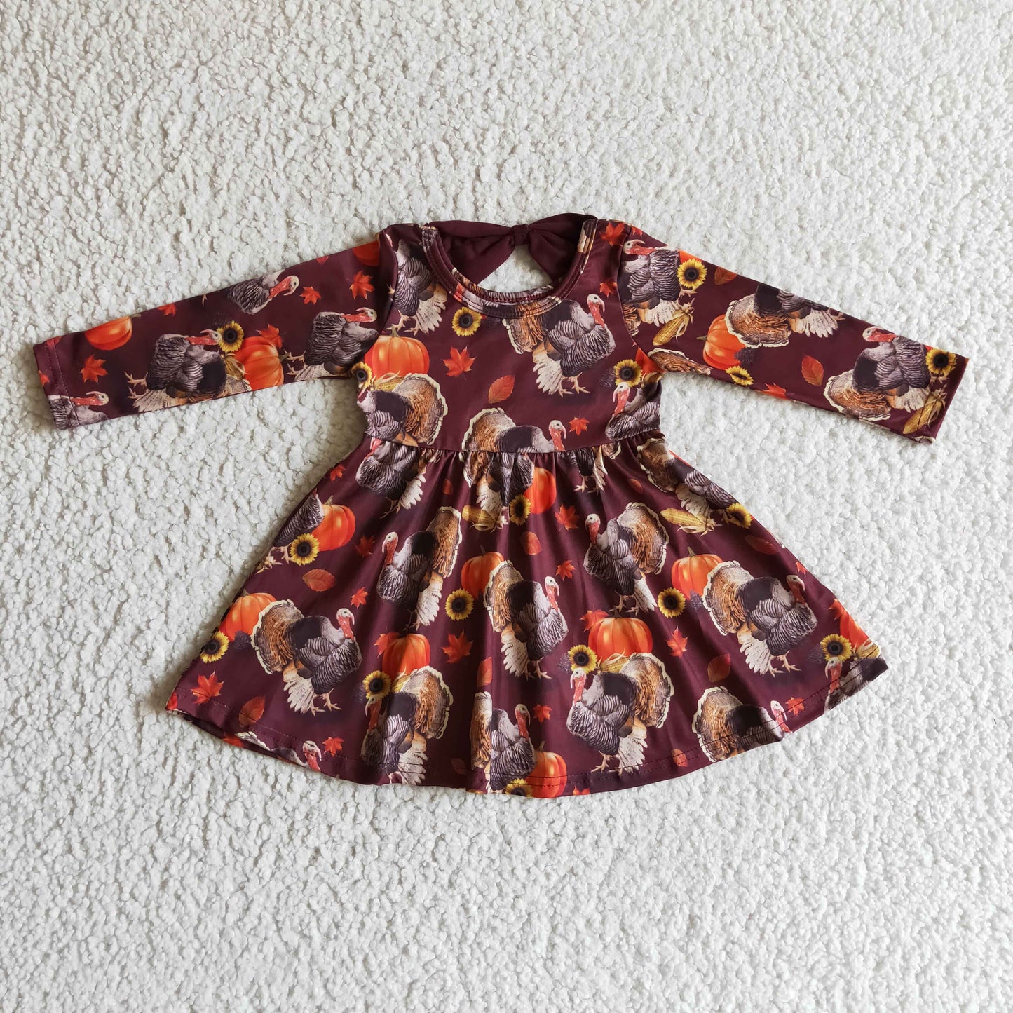 RTS halloween pumpkin brown chicken leaf long sleeve bow fall girl dress 0919