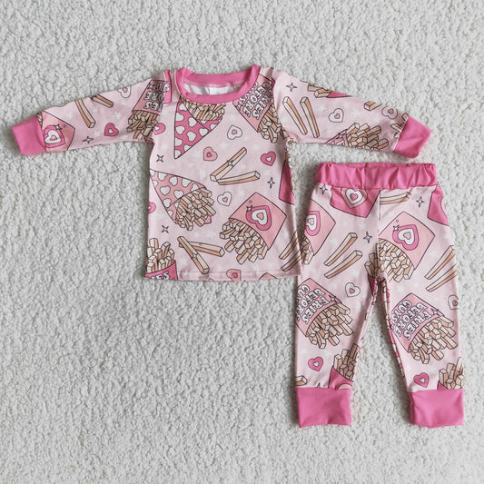 pink love FRIES BEFORE letters food chips girl long sleeve pajamas outfit 0110