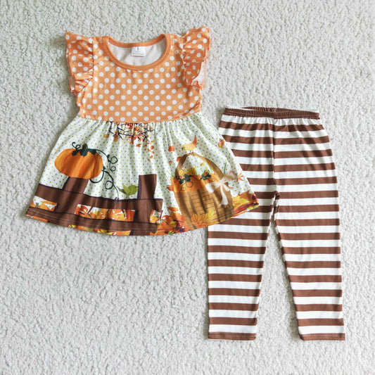 0816 RTS halloween short sleeve orange moon  stripe pants girl outfit
