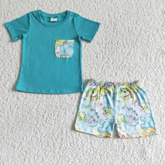 BSSO0021 cartoon eye pocket blue short sleeve frog shorts Boy outfit RTS