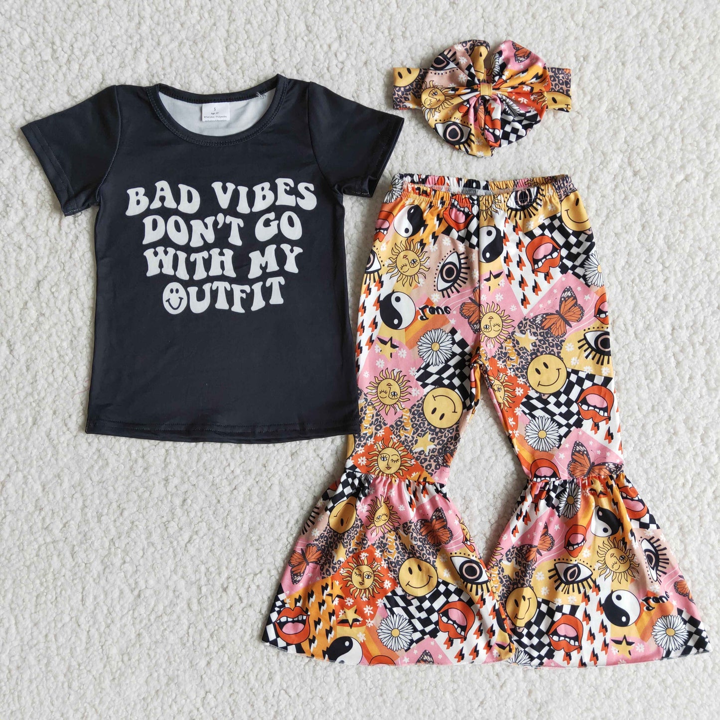 E7-1 bad vibes letters eyes smile girl short sleeve bell bottom bow headband 3pcs (choose headband below) outfit 1109 RTS
