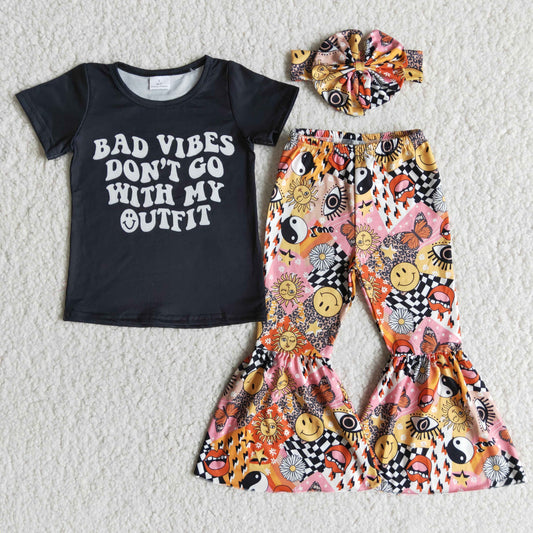 E7-1 bad vibes letters eyes smile girl short sleeve bell bottom bow headband 3pcs (choose headband below) outfit 1109 RTS