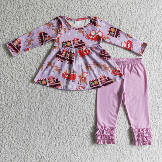 1017 RTS christmas Santa car long sleeve long ruffle legging pants purple girl outfit